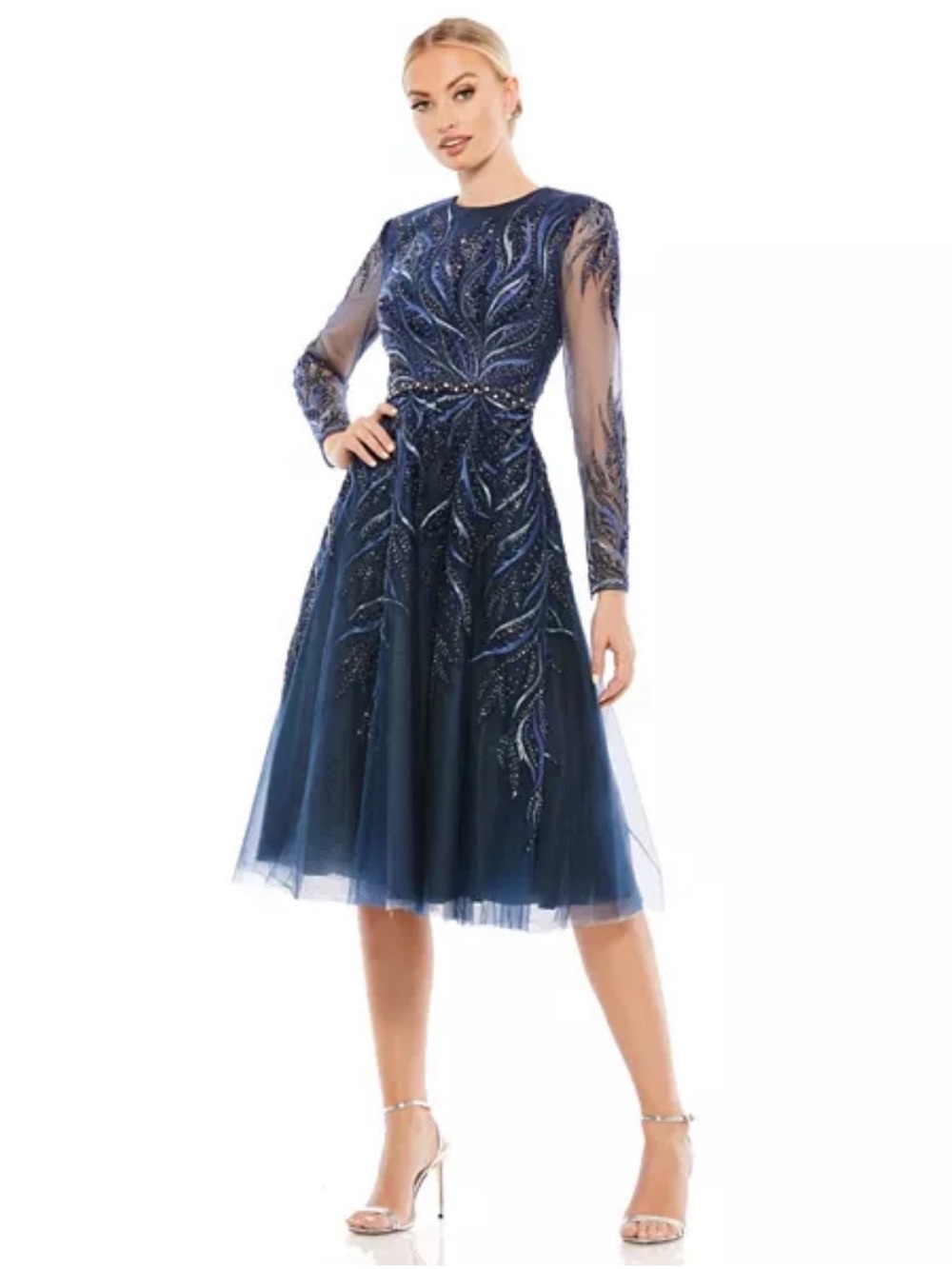 Mac Duggal Embellished Navy Long-Sleeve A-Line Midi Dress
